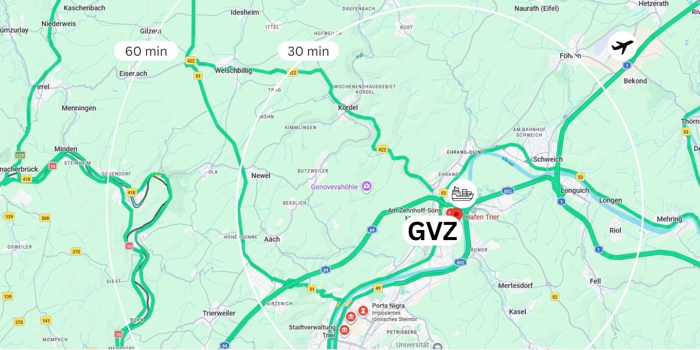 Map of Trier: Road network, motorways and Airport connections