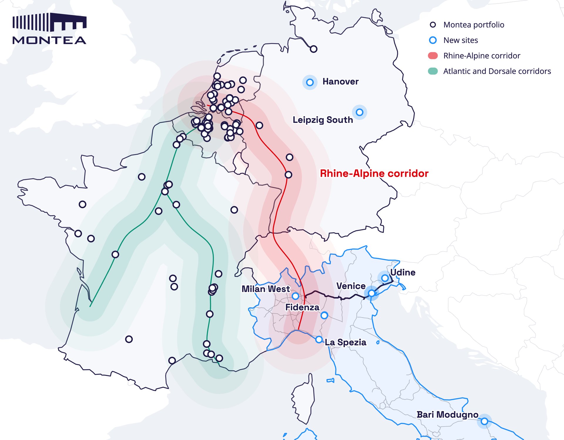 Karte des Montea-Logistikportfolios in Europa mit den neuen WLP-Standorten Hannover, Leipzig Süd, Mailand West, Fidenza, La Spezia, Venedig, Udine und Bari Modugno entlang des Rhein-Alpen-Korridors