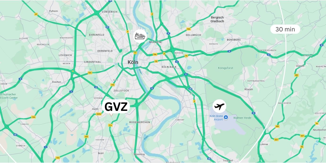 Karte von Köln-Eifeltor: Straßennetz, Autobahnen und Flughafen Köln-Eifeltor mit Anbindungen