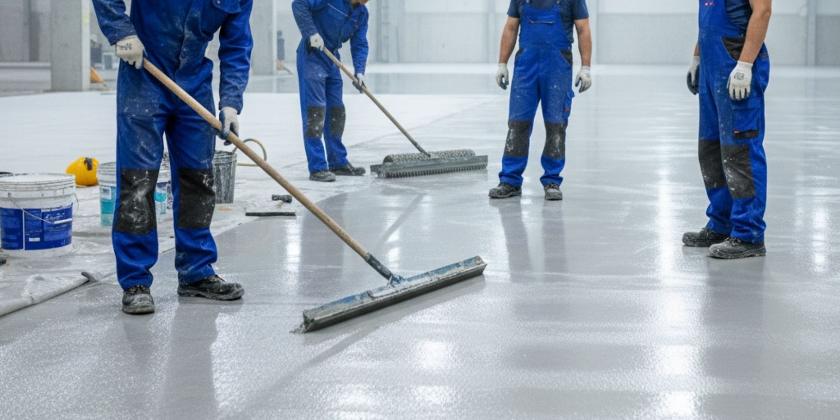 Männer in Arbeitskleidung und Schutzhelmen tragen in einer großen Industriehalle Kunstharzboden auf und verteilen ihn gleichmäßig.
