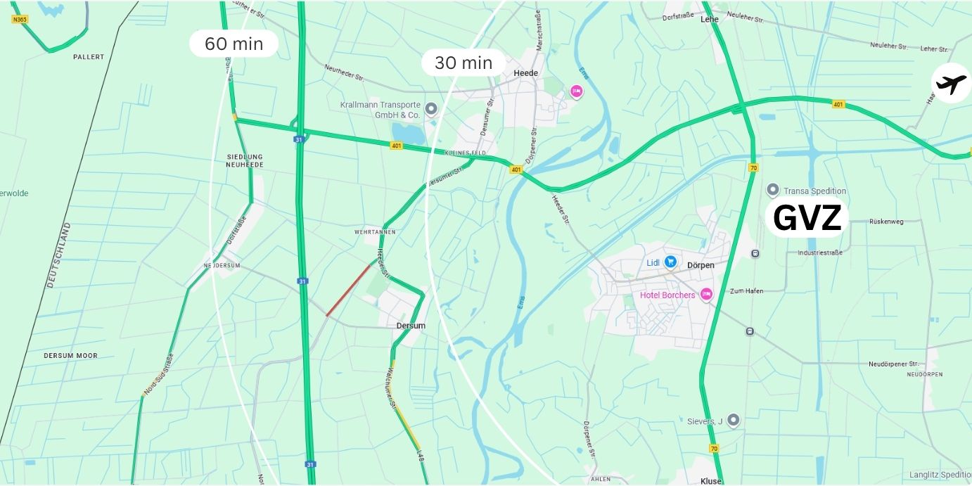 Karte von Emsland: Straßennetz, Autobahnen und Flughafen Emsland mit Anbindungen