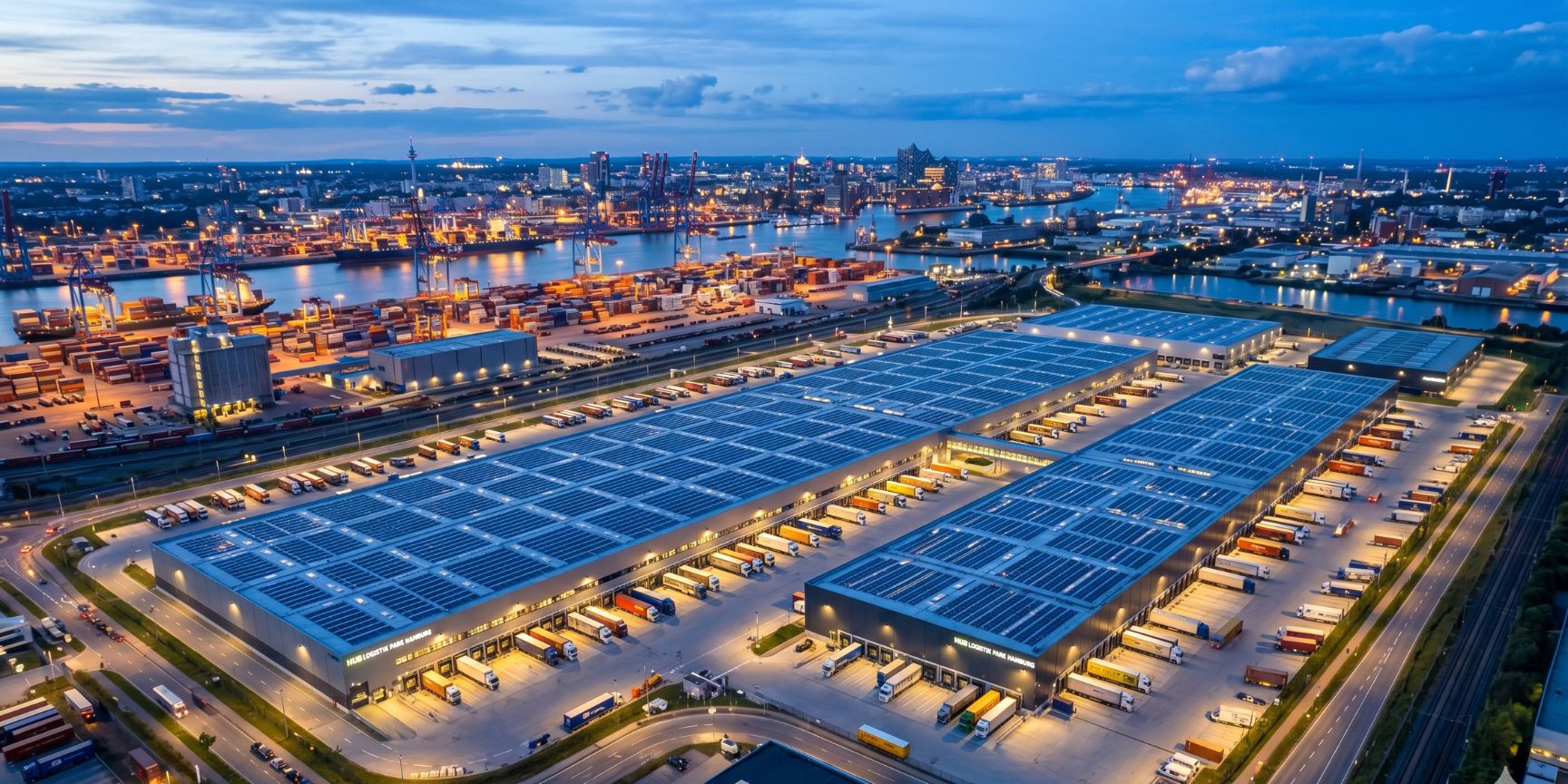 Luftaufnahme eines modernen Logistikparks im Hamburger Hafen zur blauen Stunde mit Photovoltaikanlagen auf den Hallendächern und Lkw-Rampen.