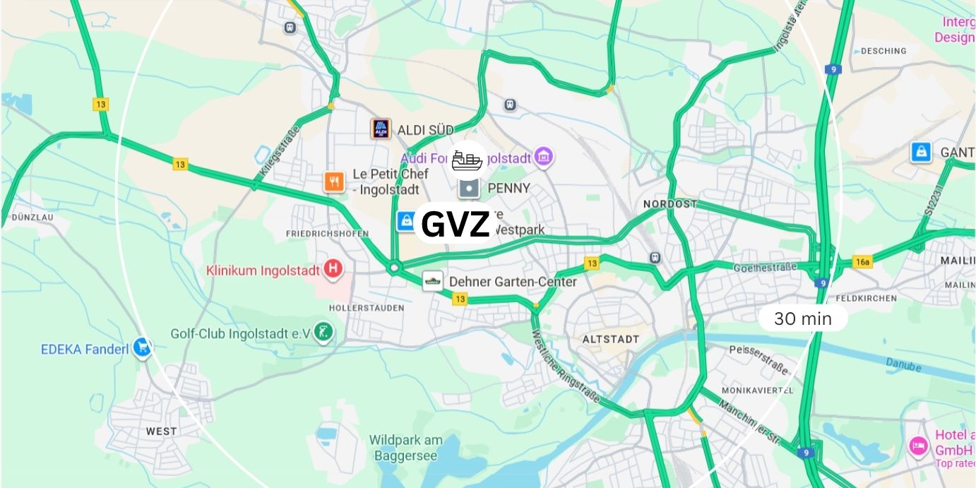 Karte von Ingolstadt: Straßennetz, Autobahnen und Flughafen Ingolstadt mit Anbindungen
