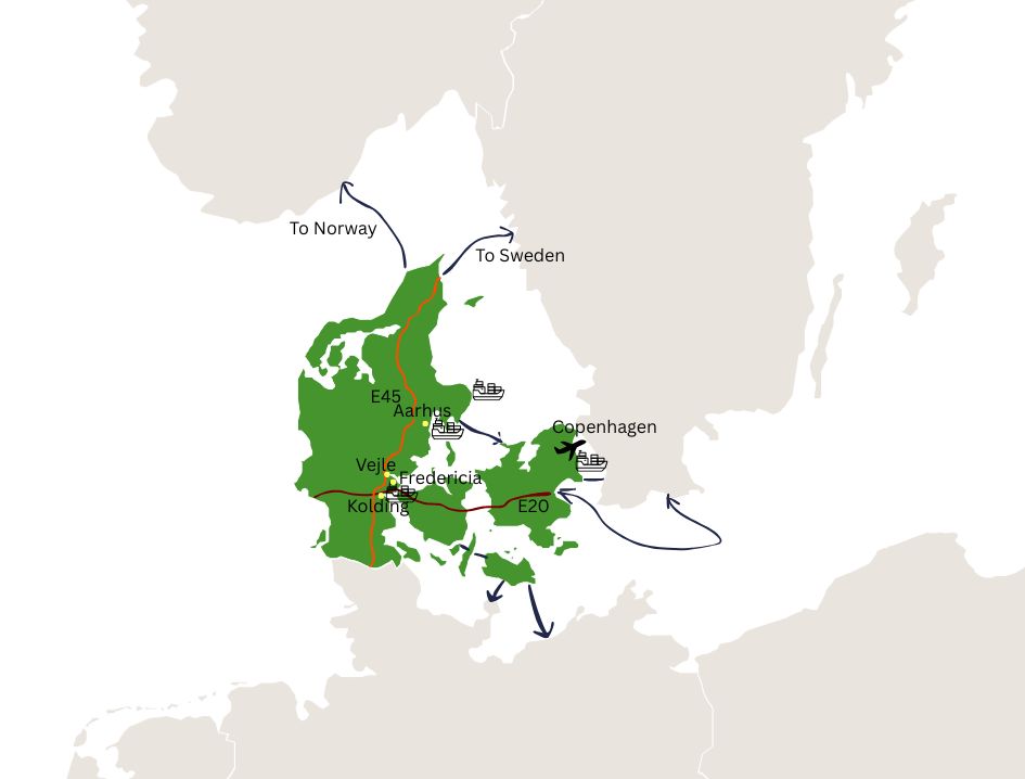 Detailed infrastructure map of Denmark showing highway corridors, rail networks, seaports, and international airports.