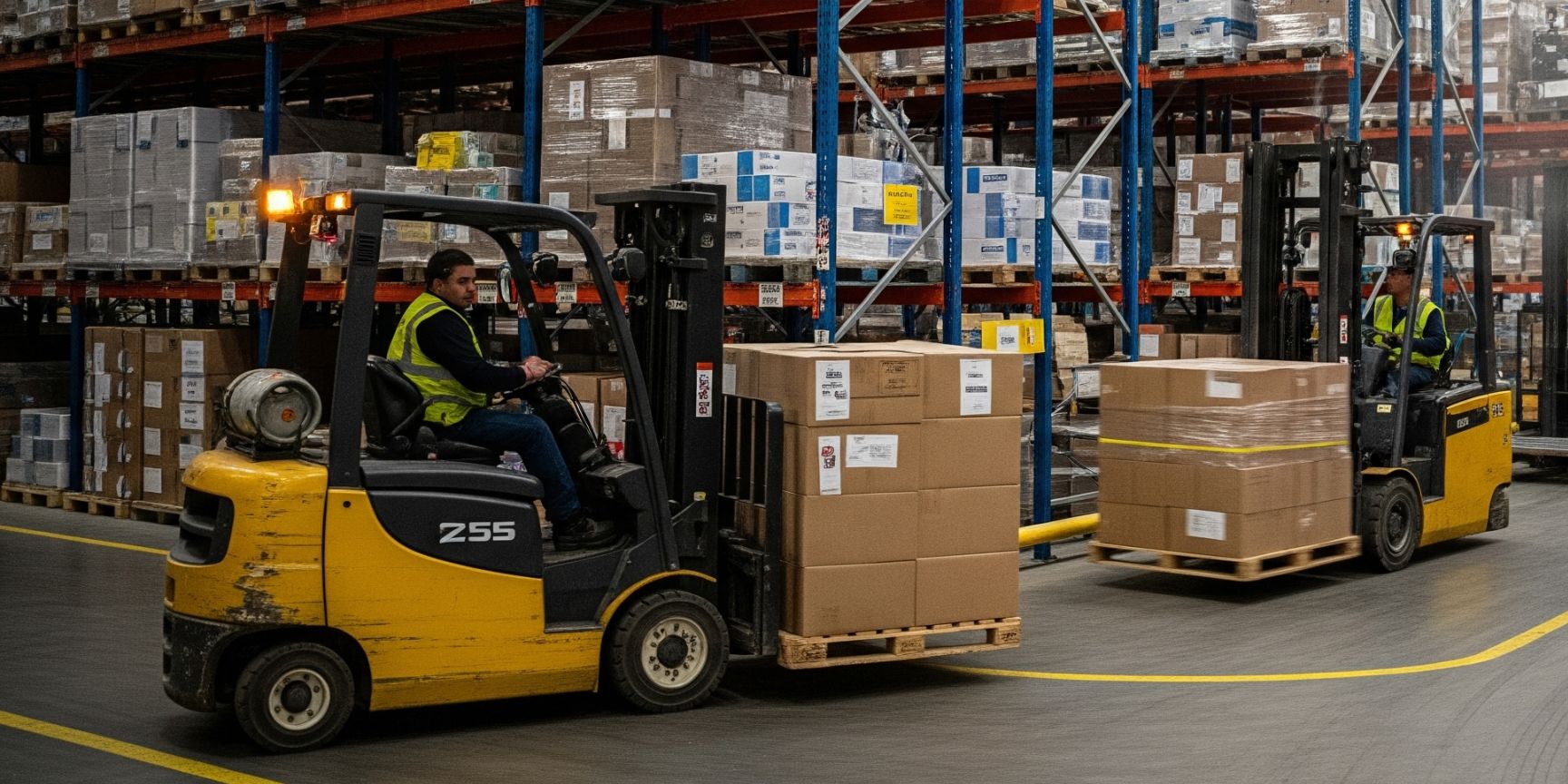 Ein moderner Gabelstapler in einem hellen, sauberen Hochregallager, der eine Palette transportiert – Sinnbild für die Effizienz und das Rückgrat der modernen Logistik.