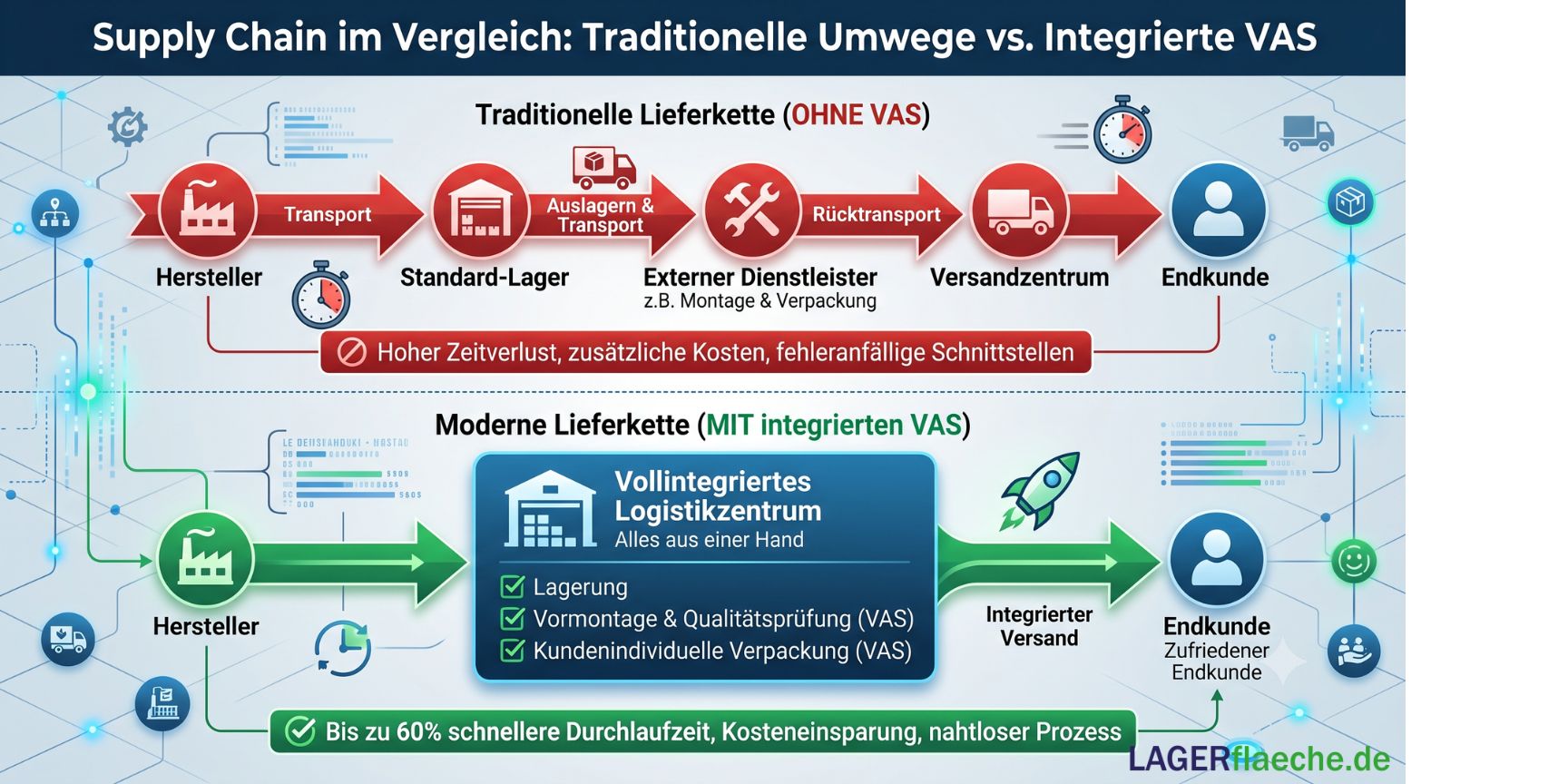 Infografik zum Vergleich einer traditionellen, fehleranfälligen Lieferkette gegenüber einer modernen, schnellen Supply Chain mit integrierten Value Added Services (VAS) im Logistikzentrum.