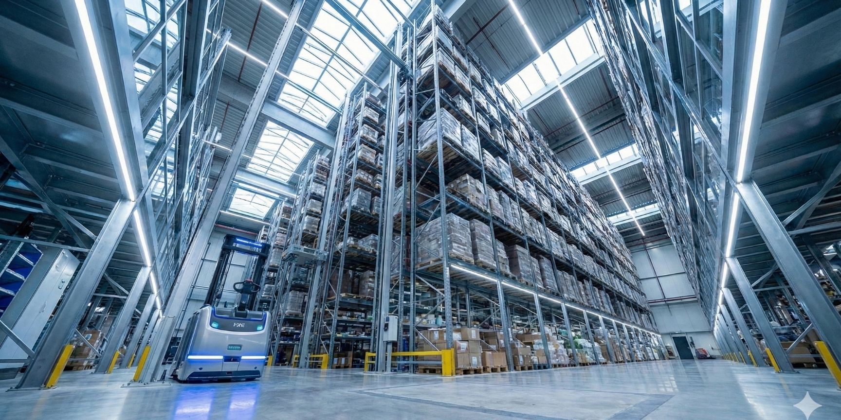 Modernes, energieeffizientes Logistiklager mit LED-Beleuchtung, Photovoltaik-Integration auf dem Dach und autonomem Elektrostapler beim Ladevorgang.