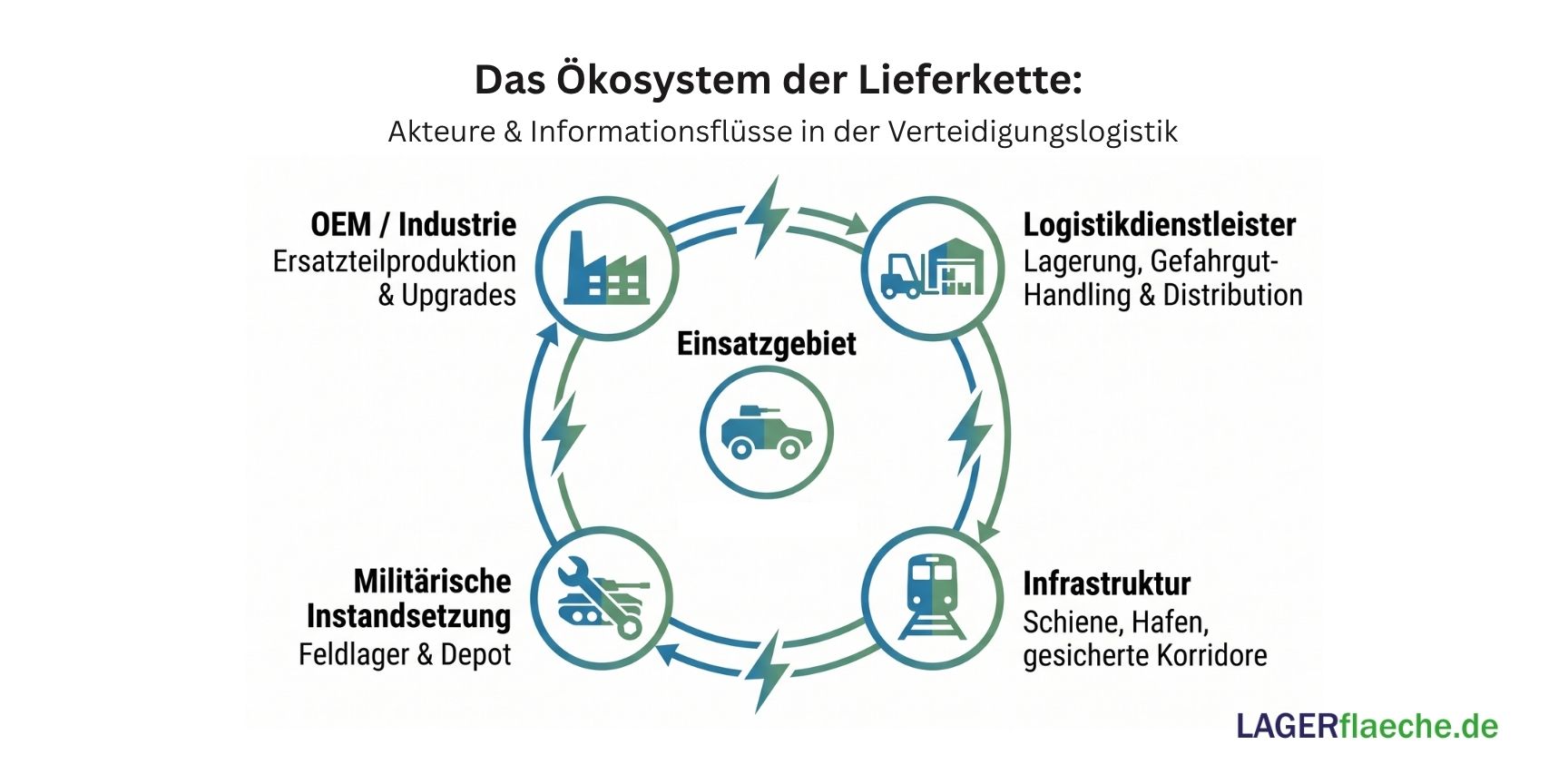 Infografik zum Ökosystem der Verteidigungslogistik mit Darstellung des Kreislaufs zwischen Industrie, Logistikdienstleistern, Infrastruktur und militärischer Instandsetzung.