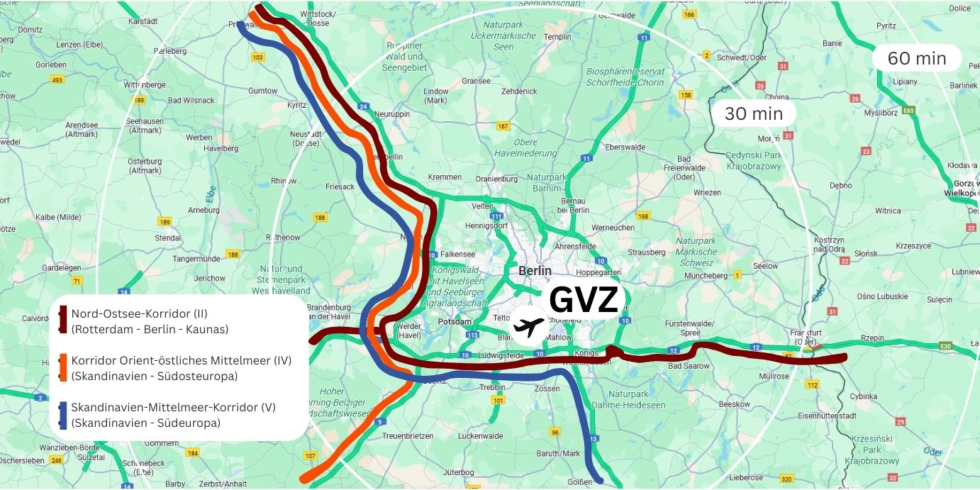 Map of Berlin: Road network, motorways and Berlin Airport with connections