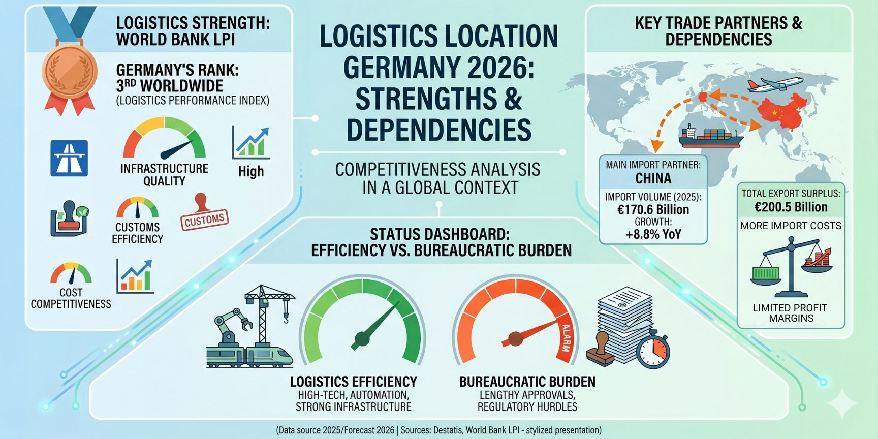 A professional infographic analyzing Germany's 2026 logistics location. It features a 3rd place global ranking, a trade map showing import/export flows with China, and dashboard gauges contrasting high technological efficiency against a significant bureaucratic burden.