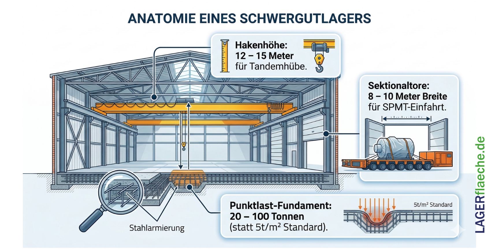 Diagramm zur Anatomie eines Schwergutlagers mit Fokus auf Kranhöhe, breite Tore und verstärkte Bodenfundamente.