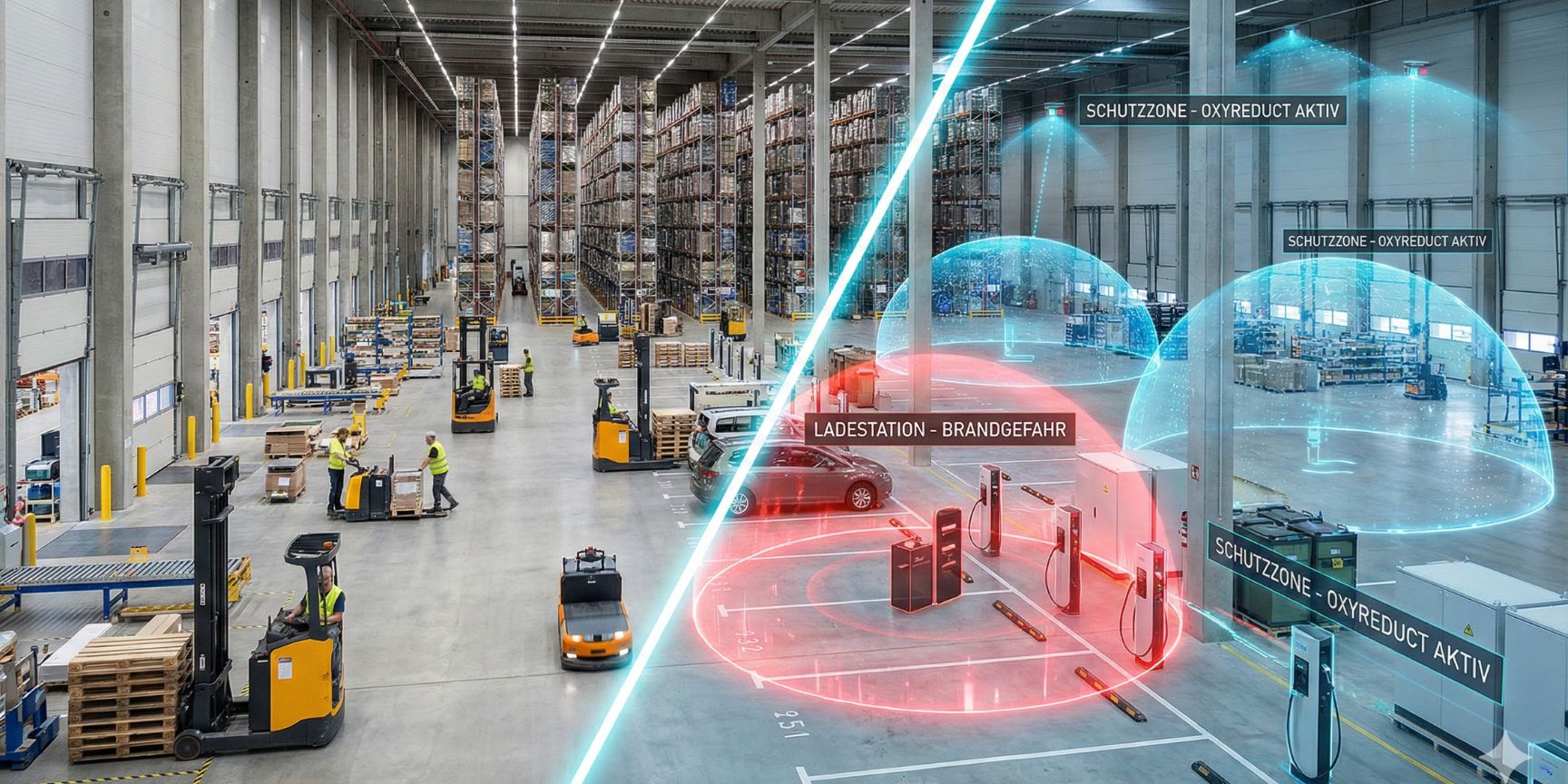 Modernes Hochregallager mit visualisierten Brandschutzsystemen und Gefahrenzonen.