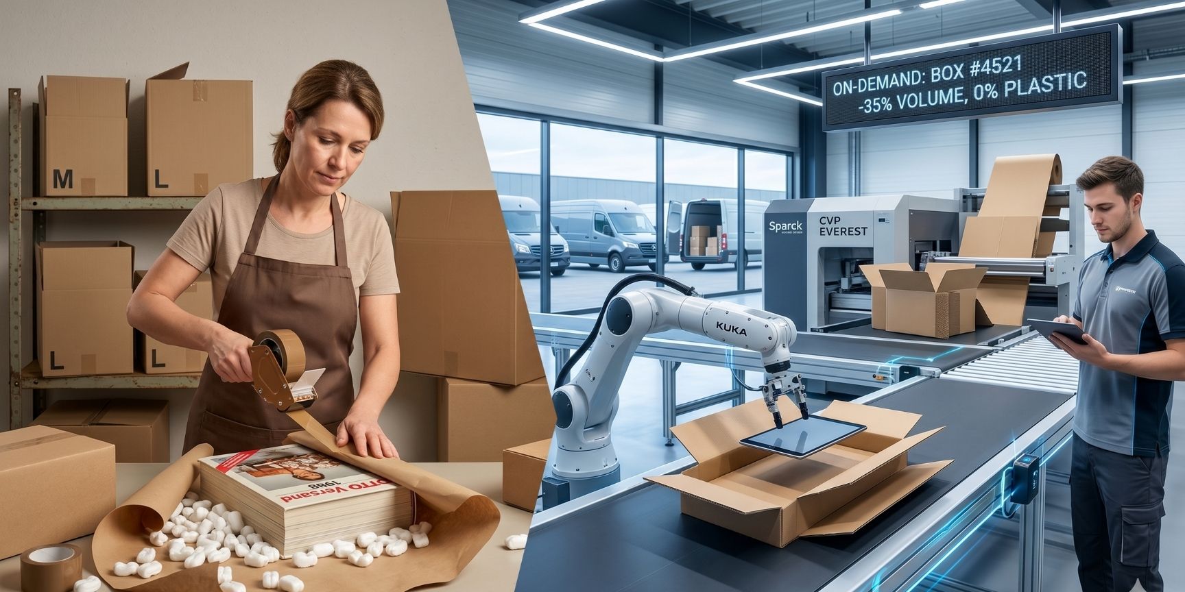 Split-Screen-Vergleich der Verpackungslogistik: Links manuelles Verpacken eines Otto-Katalogs mit Styroporchips (1980er), rechts KI-gesteuerte On-Demand-Kartonierung mit einem KUKA-Roboterarm im modernen Lager. Split-Screen-Vergleich der Verpackungslogistik: Links manuelles Verpacken eines Otto-Katalogs mit Styroporchips (1980er), rechts KI-gesteuerte On-Demand-Kartonierung mit einem KUKA-Roboterarm im modernen Lager.