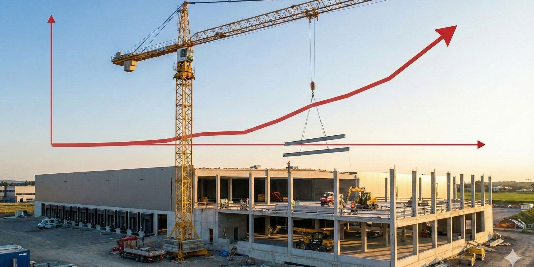 Eine moderne Logistikimmobilie im Bau mit einem Kran im Vordergrund und einer eingeblendeten Zinskurve, die nach oben zeigt