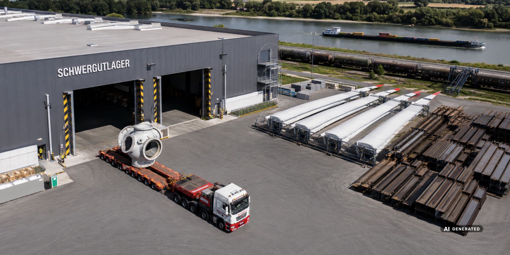 Aerial view of a heavy-duty logistics center with oversized bay doors, featuring a lowboy trailer truck, outdoor storage for wind turbine blades, and trimodal rail and water connections. Aerial view of a heavy-duty logistics center with oversized bay doors, featuring a lowboy trailer truck, outdoor storage for wind turbine blades, and trimodal rail and water connections.