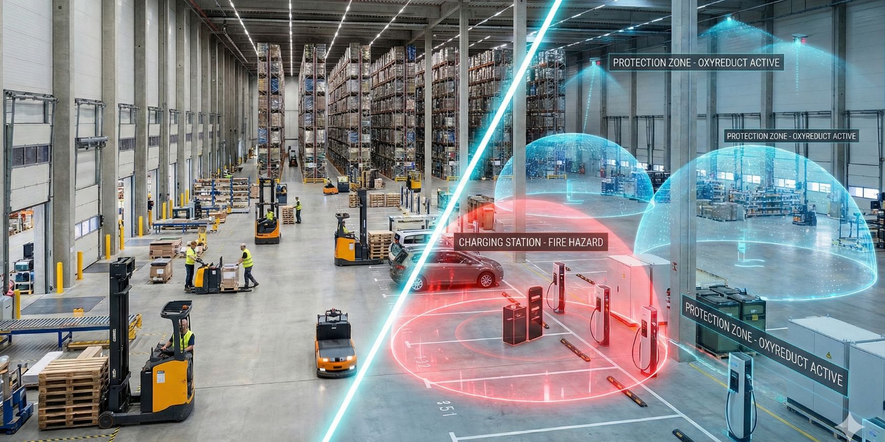 Modernes Hochregallager mit visualisierten Brandschutzsystemen und Gefahrenzonen.