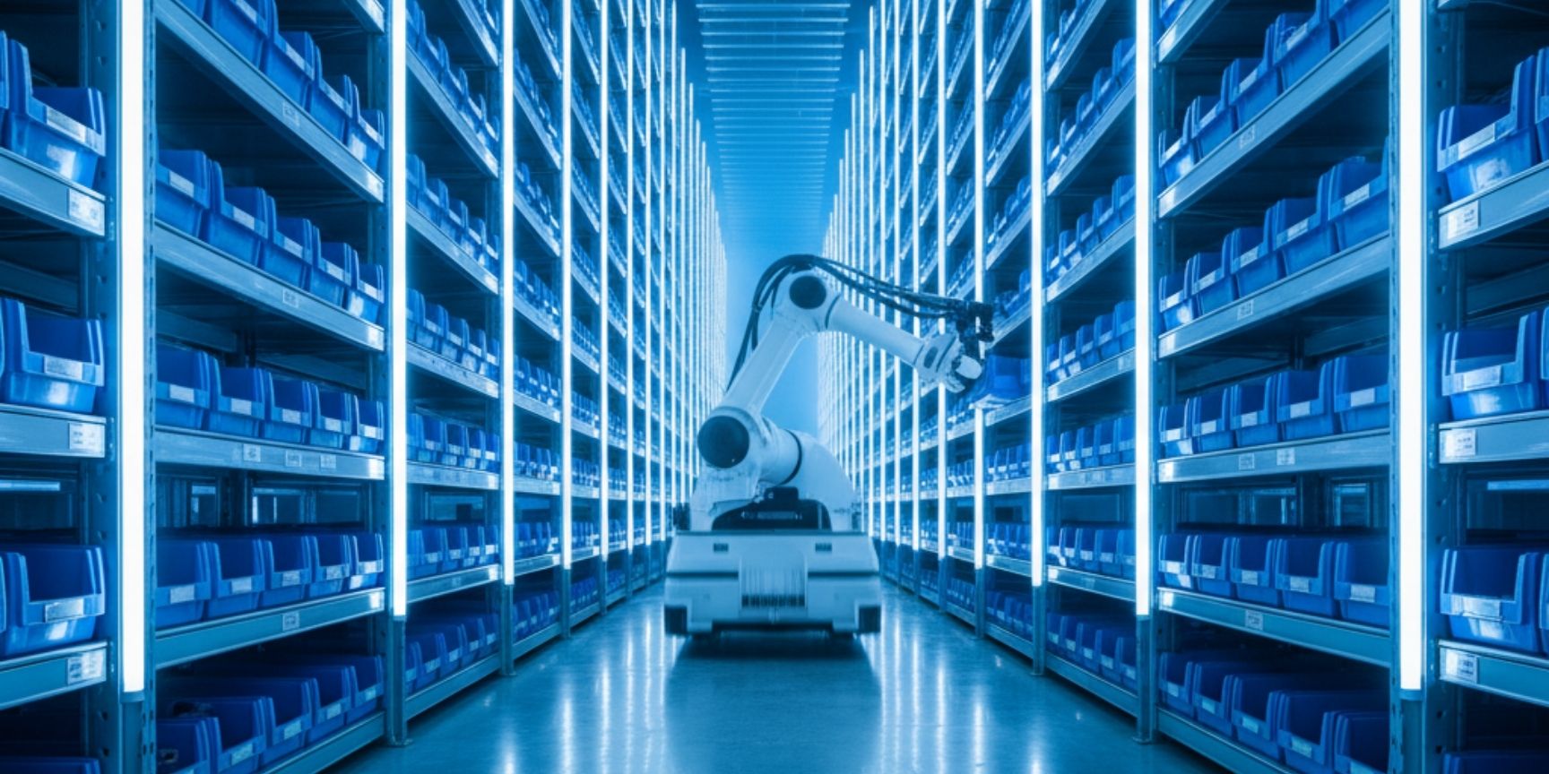 Modern high-bay warehouse with automated storage and retrieval machines as an example of efficient shelving systems in logistics. Modern high-bay warehouse with automated storage and retrieval machines as an example of efficient shelving systems in logistics.