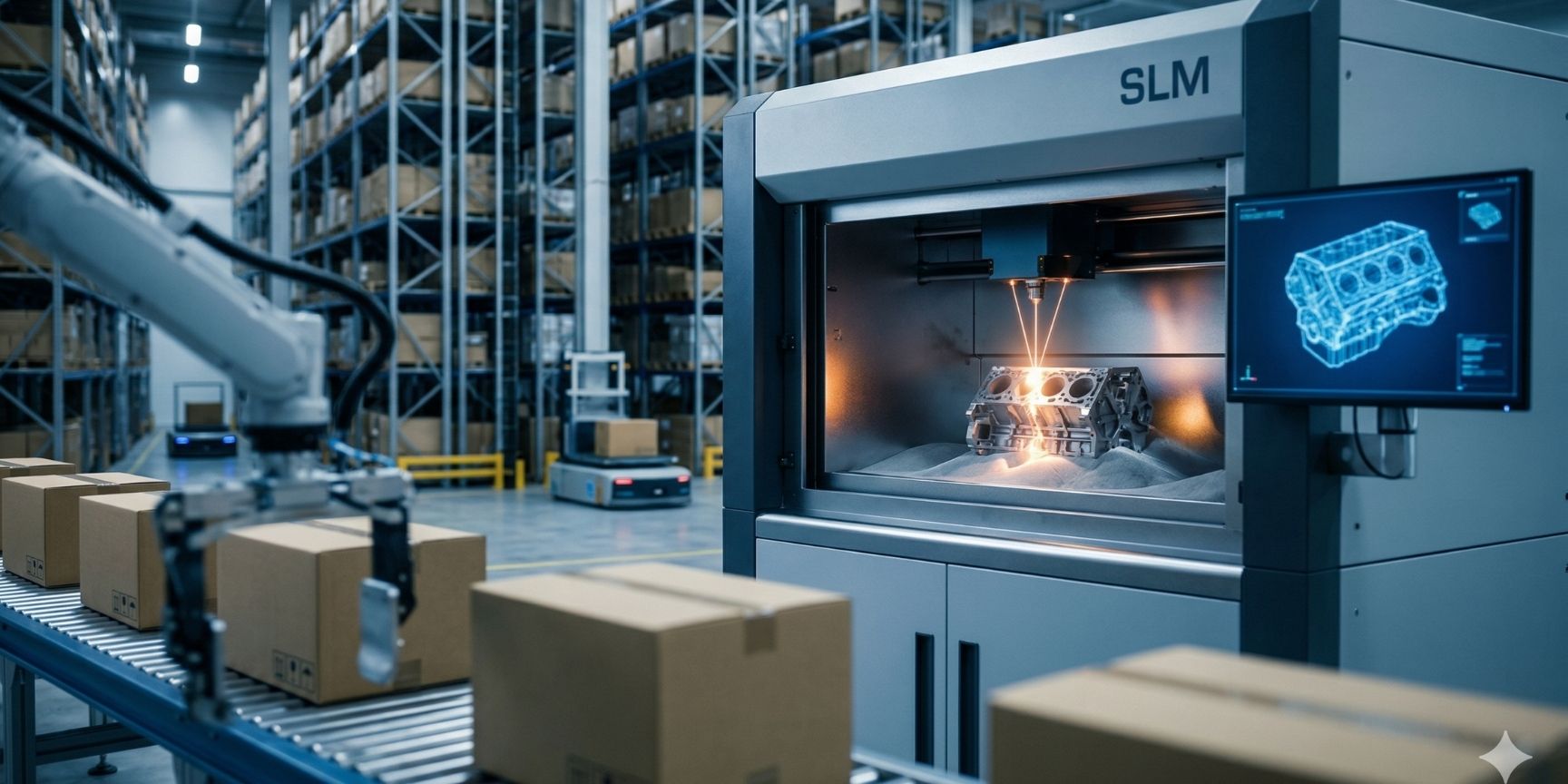 Industrieller Metall-3D-Drucker (SLM) fertigt ein Motorbauteil direkt in einem modernen Logistikzentrum mit Hochregallagern und AGVs – Symbol für das Virtual Warehouse.v Industrieller Metall-3D-Drucker (SLM) fertigt ein Motorbauteil direkt in einem modernen Logistikzentrum mit Hochregallagern und AGVs – Symbol für das Virtual Warehouse.