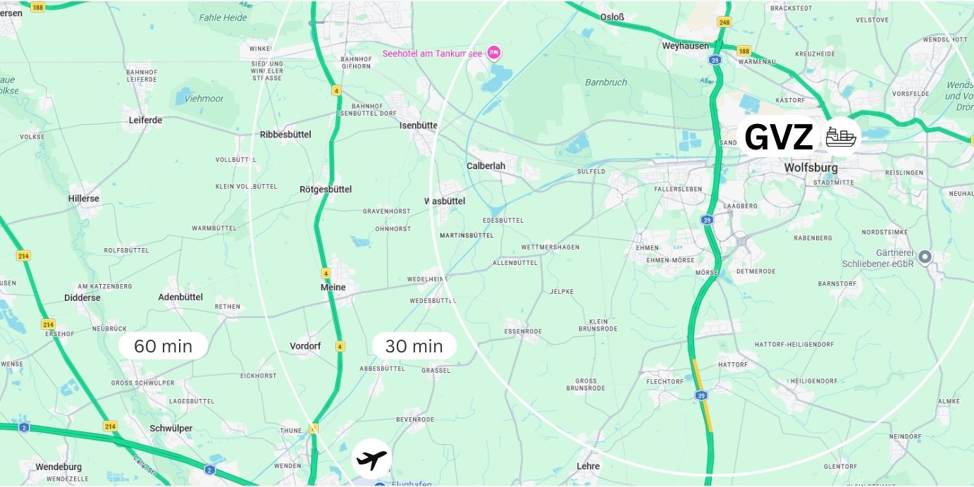 Logistics map of Wolfsburg showing international trade routes and infrastructure for road, maritime, and air freight.