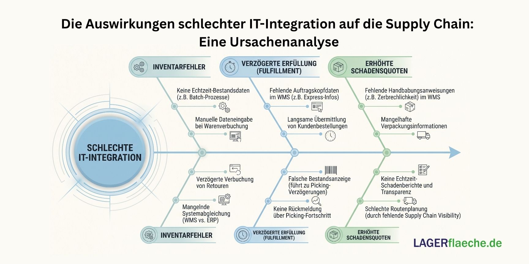 Ishikawa-Diagramm, das zeigt, wie eine schlechte IT-Integration in der Logistik zu Inventarfehlern, Verzögerungen und höheren Schadensquoten führt.
