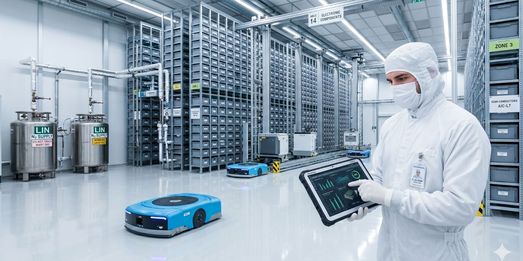 Modernes, steriles High-Tech-Logistiklager mit automatischen Kleinteile-Shuttles, Stickstoff-Tanks zur Bauteil-Konservierung und einem Techniker im Reinraum-Anzug, der ein Tablet zur KI-gestützten Zustandsanalyse nutzt. Modernes, steriles High-Tech-Logistiklager mit automatischen Kleinteile-Shuttles, Stickstoff-Tanks zur Bauteil-Konservierung und einem Techniker im Reinraum-Anzug, der ein Tablet zur KI-gestützten Zustandsanalyse nutzt.