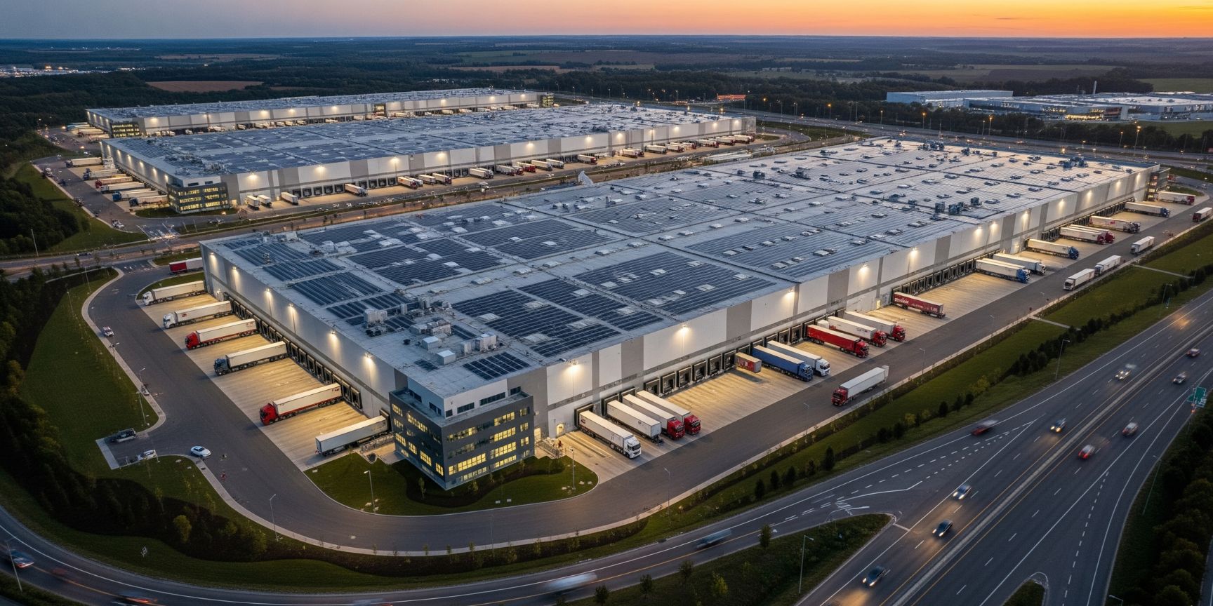 Moderne Logistikhalle mit Laderampen und guter Verkehrsanbindung als Symbol für die erfolgreiche Vermarktung von Logistikimmobilien über Kanäle wie lagerflaeche.de.