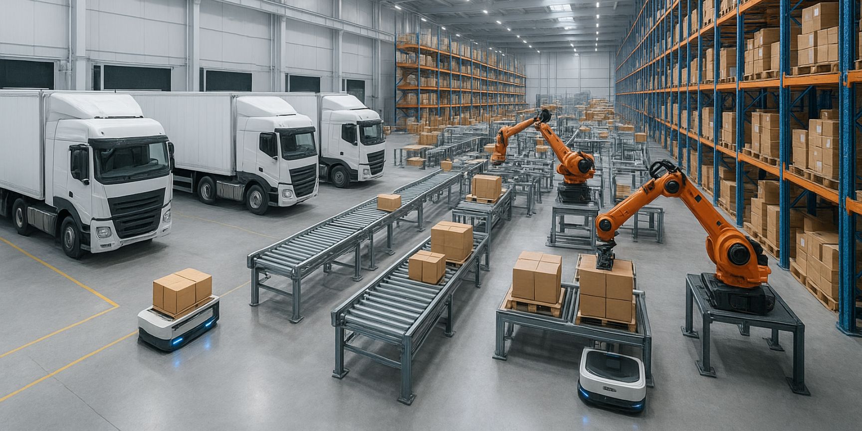 Modern logistics hall with docked trucks and a view of an automated high-bay warehouse as an example of complex logistics areas. Modern logistics hall with docked trucks and a view of an automated high-bay warehouse as an example of complex logistics areas.