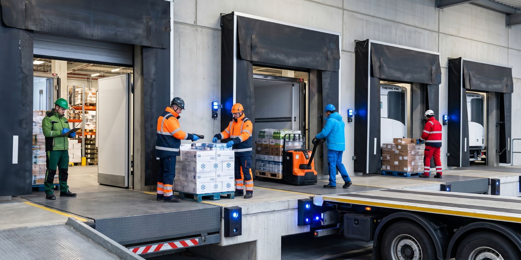 Modern loading docks and thermal doors of a cold storage warehouse with refrigerated trucks and logistics workers in thermal gear handling shipments Modern loading docks and thermal doors of a cold storage warehouse with refrigerated trucks and logistics workers in thermal gear handling shipments