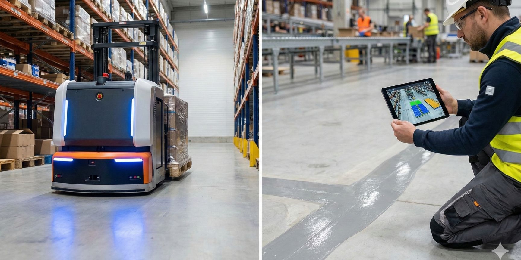 Geteiltes Bild eines automatisierten Gabelstaplers und eines Technikers, der eine Bodensanierung per digitalem Zwilling auf einem Tablet überwacht.