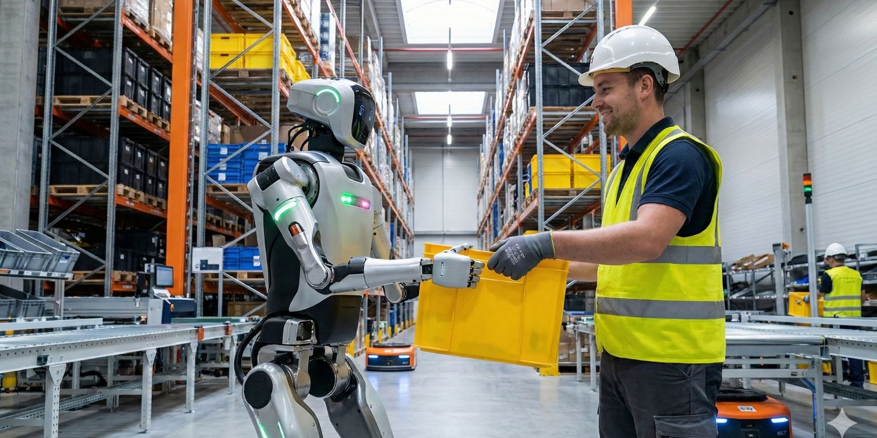 Humanoider Roboter arbeitet kollaborativ mit Mensch in der Lagerlogistik.