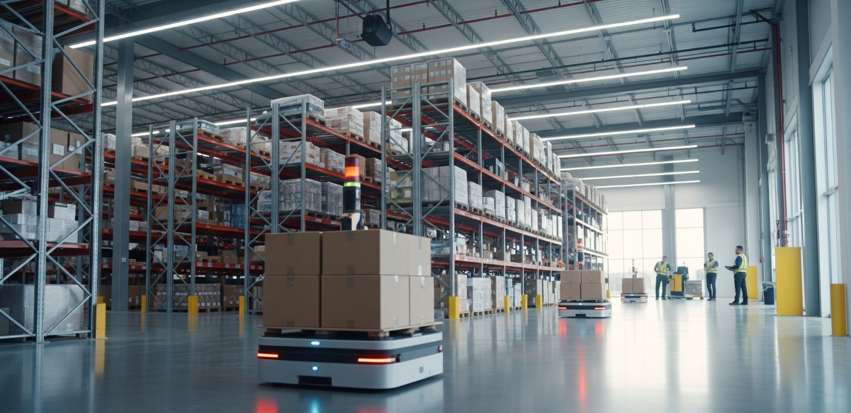 A flat, automated guided vehicle (AGV) autonomously transports a stack of boxes through a bright, clean, and modern warehouse with high shelves.