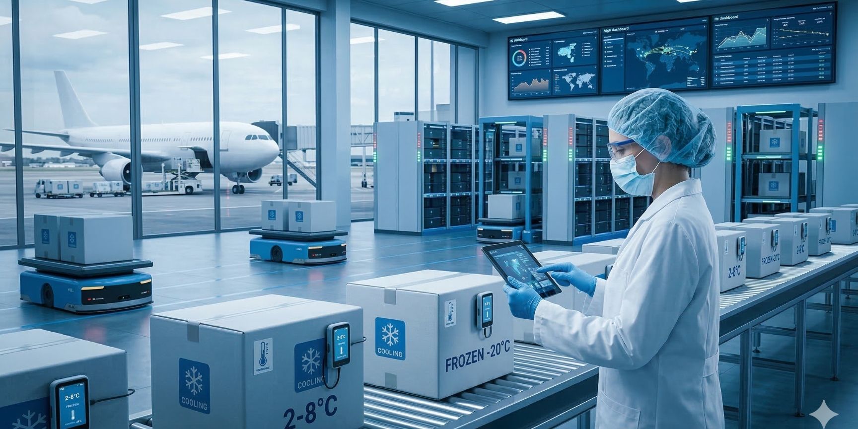 Moderner Life-Science-Logistik-Hub mit Fachkraft in Schutzkleidung, Lagerrobotern, temperaturgesteuerten Sendungen (2-8°C und -20°C) und digitalen Monitoring-Dashboards in einer Flughafen-nahen Logistikhalle.