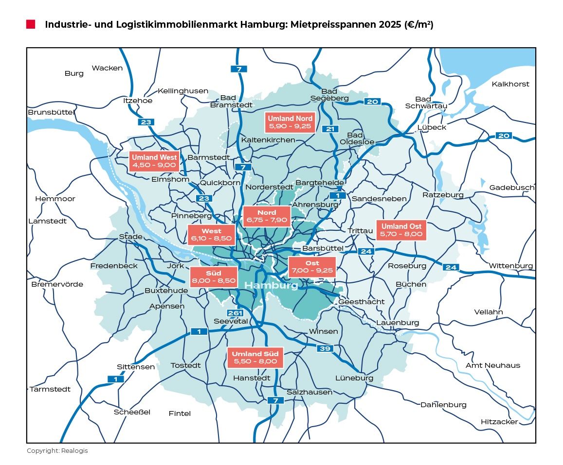 REALOGIS, Hamburg market, rent level, logistics properties, industrial properties, rental price range / Source: REALOGIS REA_Mietpreisspannen_HH_01-... 