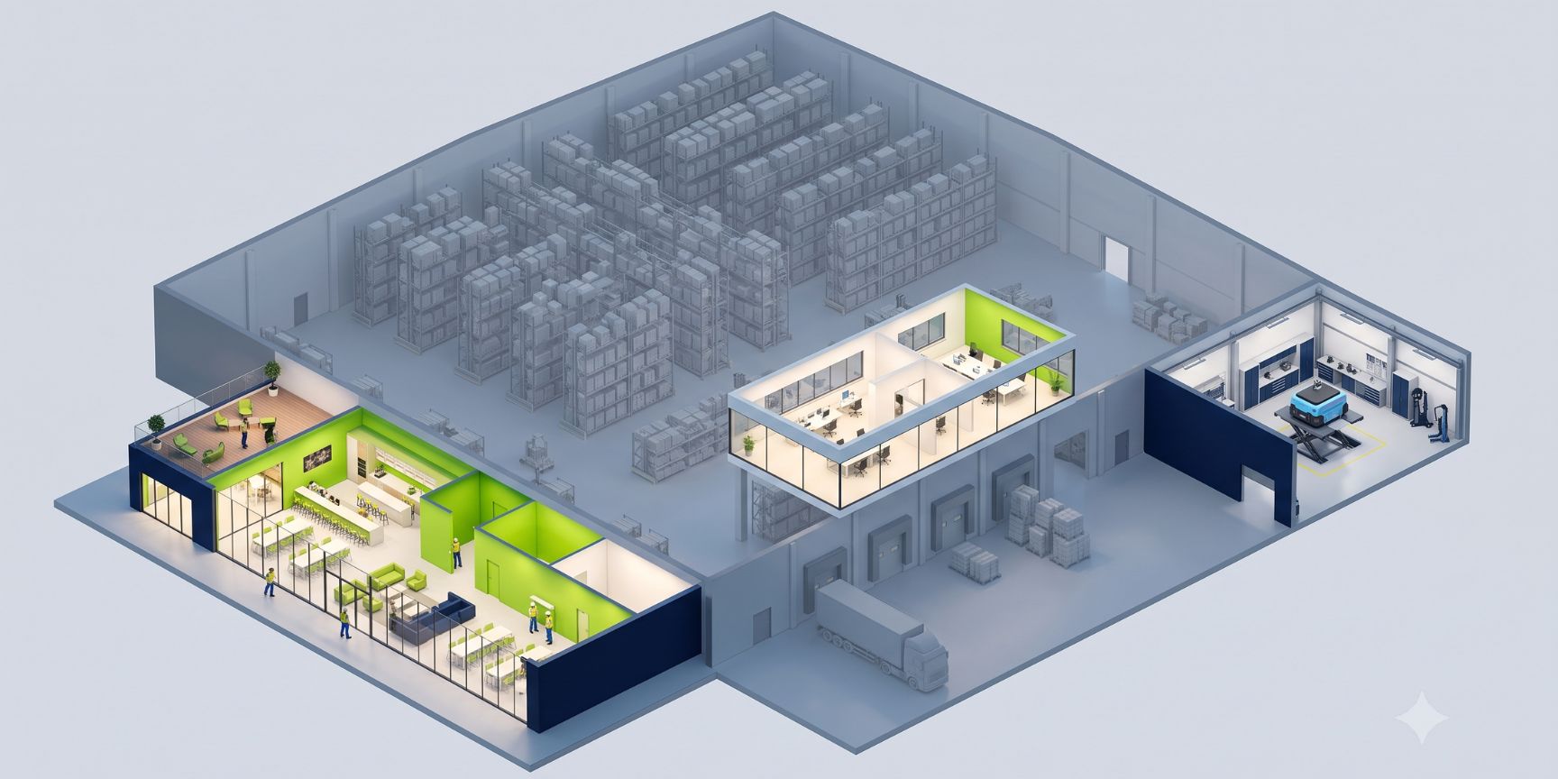 Isometric 3D cutaway illustration of a logistics facility, highlighting ancillary rooms like social areas, workshop, and office in bright colors. Isometric 3D cutaway illustration of a logistics facility, highlighting ancillary rooms like social areas, workshop, and office in bright colors.