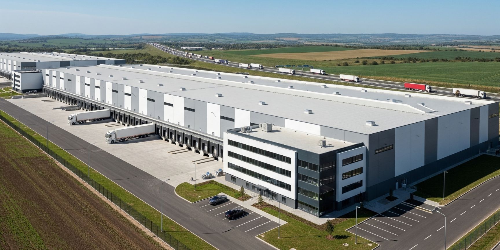Modernes Logistikzentrum in einer ländlichen Umgebung