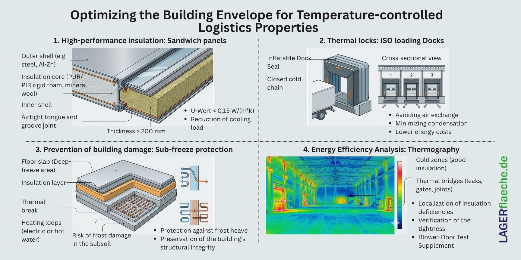 Infographic on optimizing the building envelope for temperature-controlled logistics properties: insulation, loading docks, sub-freeze protection, and thermography.