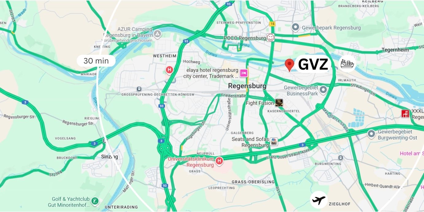 Karte von GVZ Regensburg: Straßennetz, Autobahnen und Flughafen GVZ Regensburg mit Anbindungen