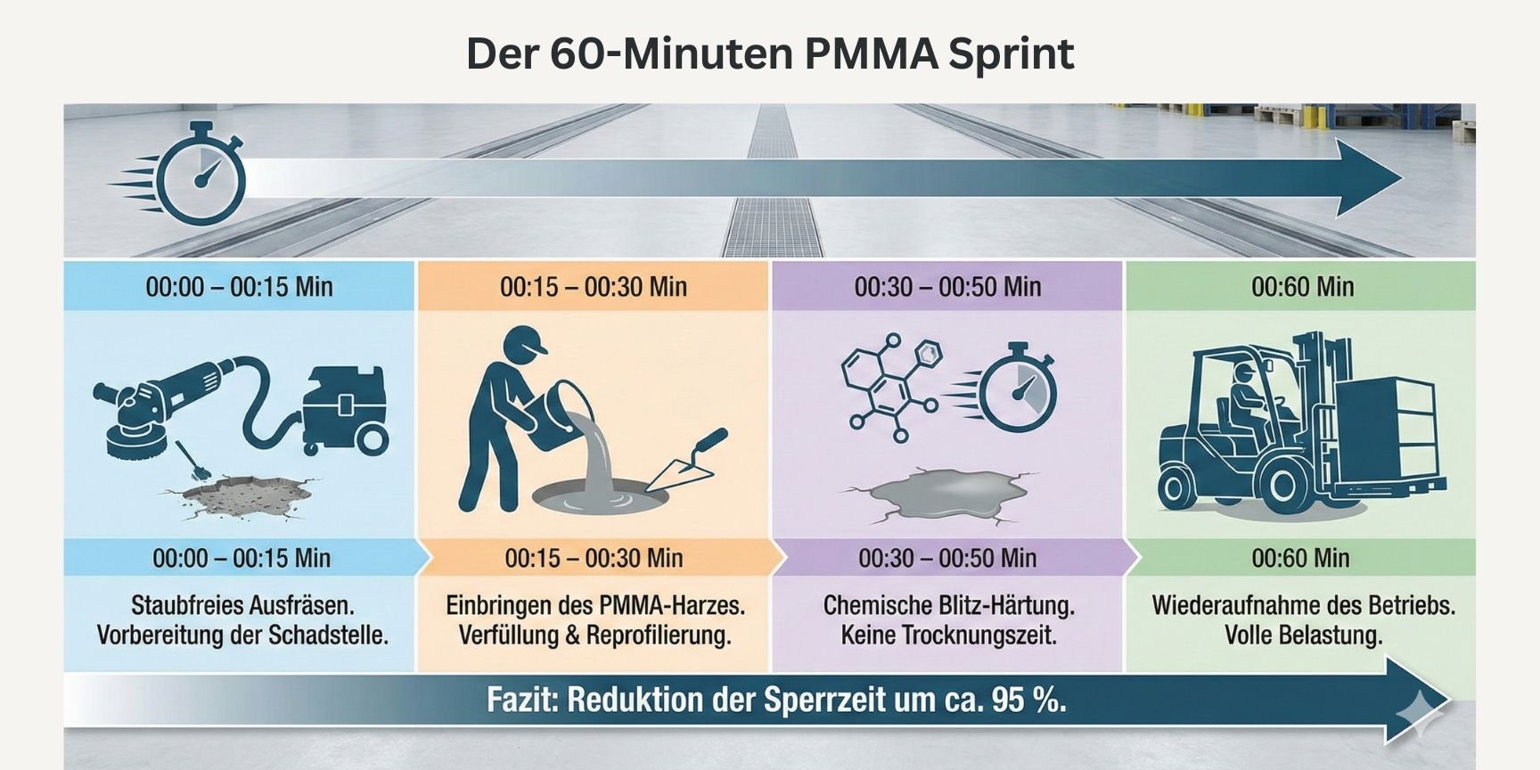 Infografik zum 4-stufigen PMMA-Sanierungsprozess, der innerhalb von 60 Minuten die volle Belastbarkeit erreicht.