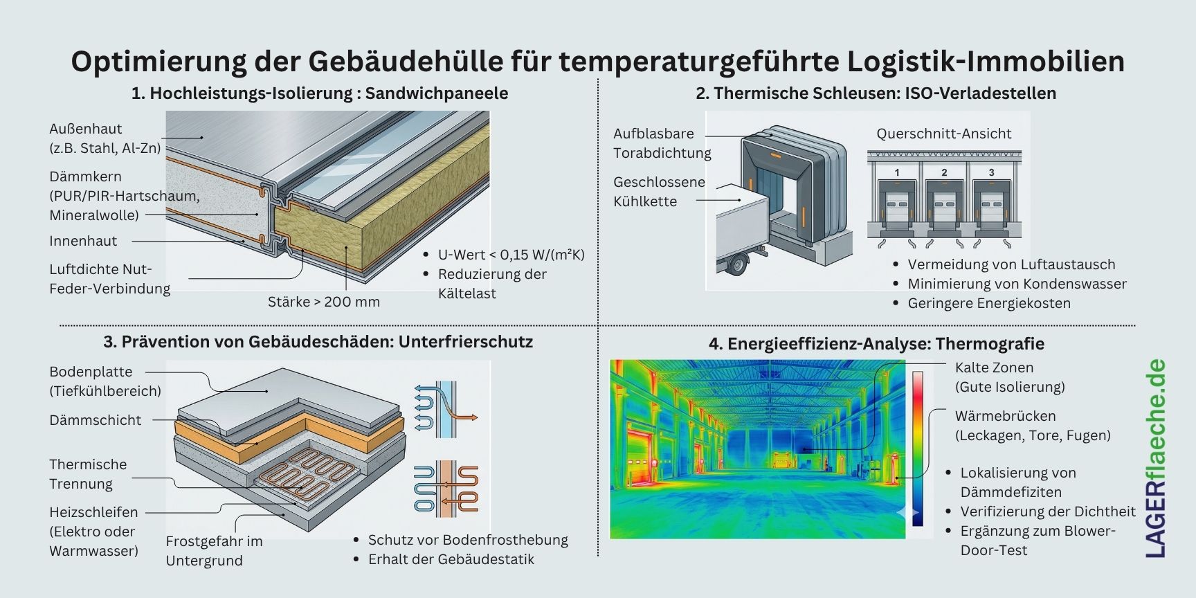 Infografik zur Optimierung der Gebäudehülle für temperaturgeführte Logistikimmobilien: Isolierung, Verladestellen, Unterfrierschutz und Thermografie.