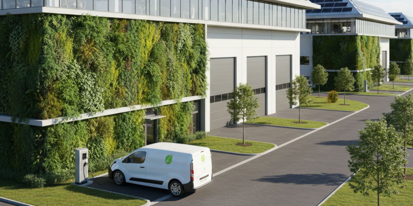 Modern business park with sustainable logistics hall, electric charging station, and solar power system as a symbol for the future of commercial real estate