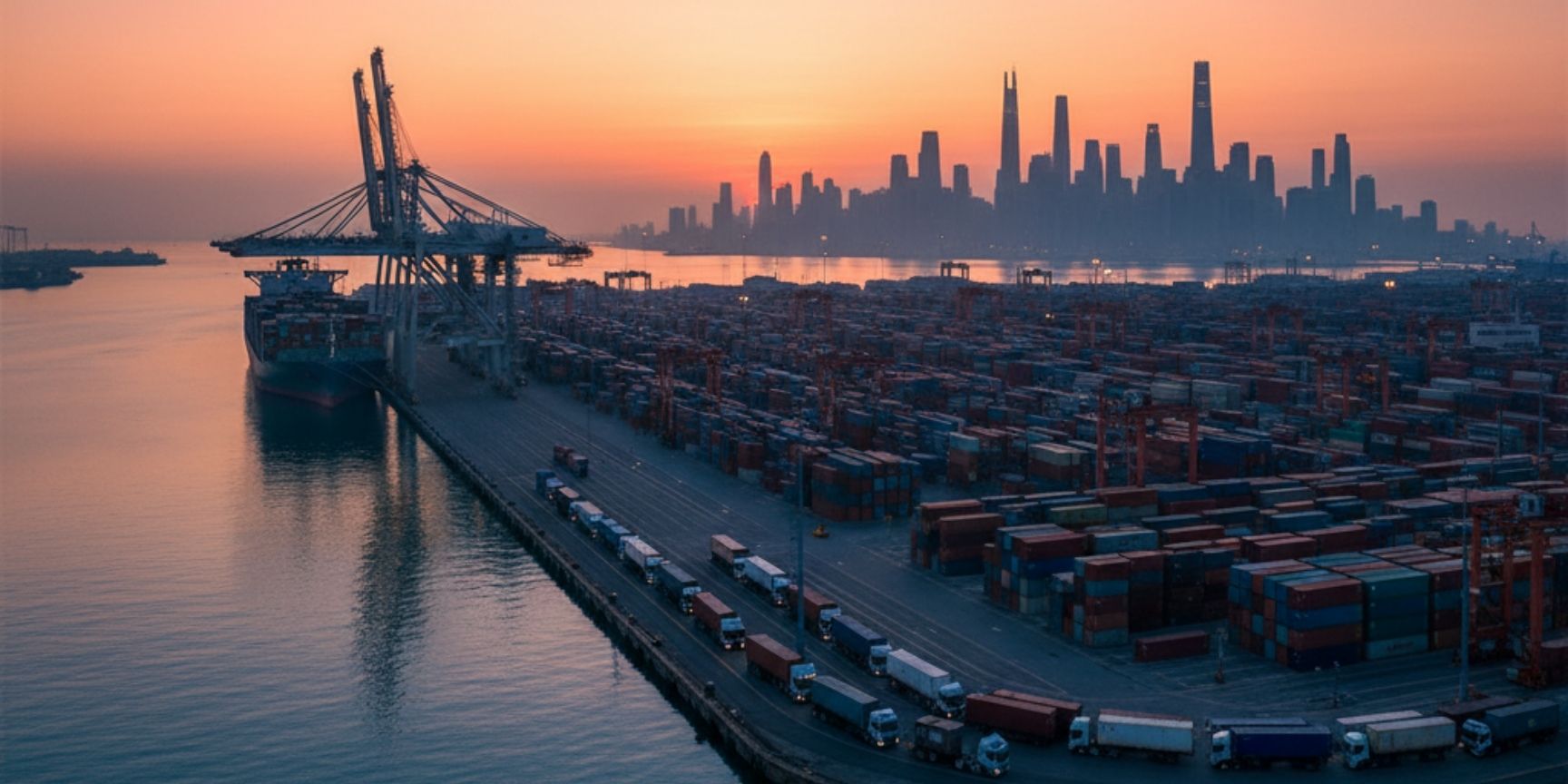 Panoramabild eines geschäftigen Containerhafens bei Sonnenuntergang. Beleuchtete Kräne und Containerschiffe symbolisieren das enorme Ausmaß der Logistik in der Wirtschaftsregion Blaue Banane. Panoramabild eines geschäftigen Containerhafens bei Sonnenuntergang. Beleuchtete Kräne und Containerschiffe symbolisieren das enorme Ausmaß der Logistik in der Wirtschaftsregion Blaue Banane.