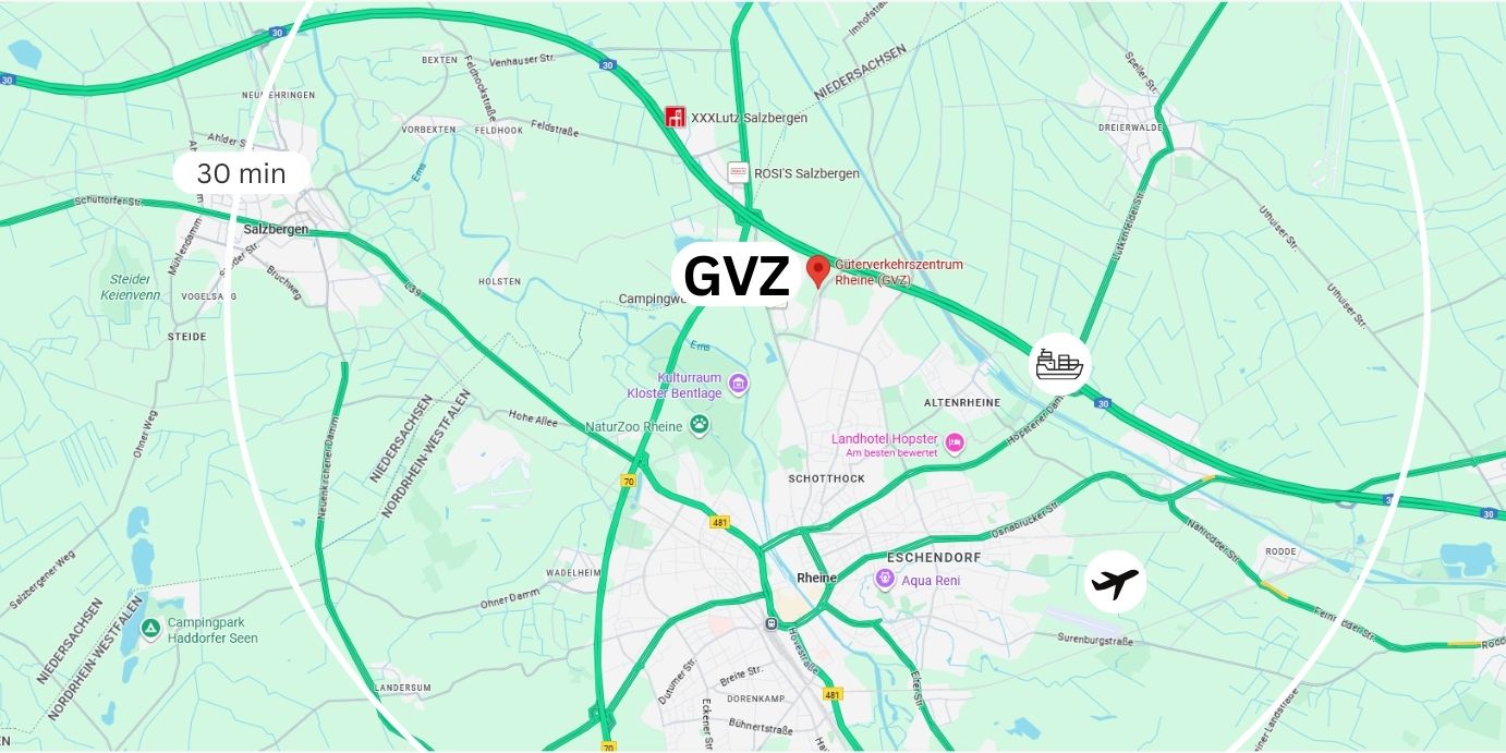 Karte von Rheine: Straßennetz, Autobahnen und Flughafen Rheine mit Anbindungen