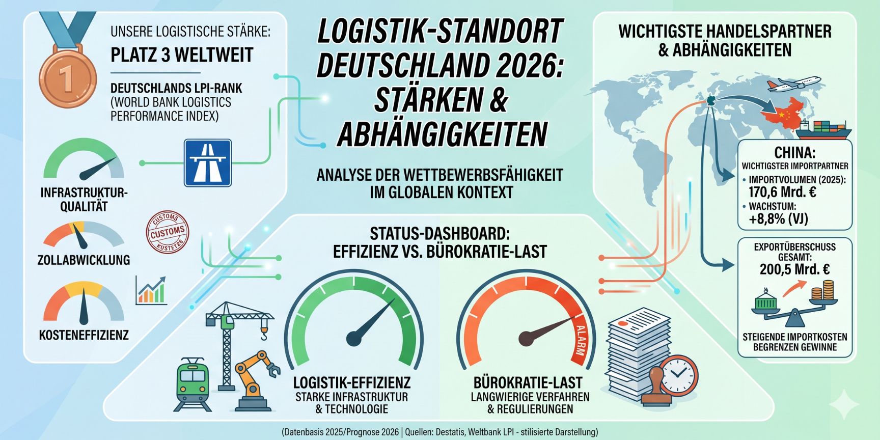 Eine professionelle Infografik zur Analyse des Logistikstandorts Deutschland im Jahr 2026. Sie zeigt den 3. Platz im weltweiten Ranking, eine Handelskarte mit Import- und Exportströmen nach China sowie Dashboard-Anzeigen, die hohe technologische Effizienz einer starken bürokratischen Belastung gegenüberstellen.