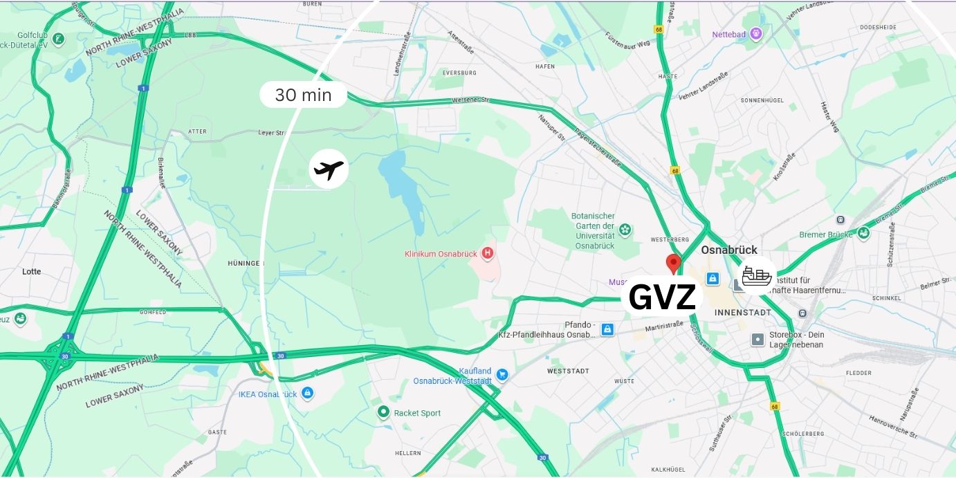 Karte von Osnabrück: Straßennetz, Autobahnen und Flughafen Osnabrück mit Anbindungen