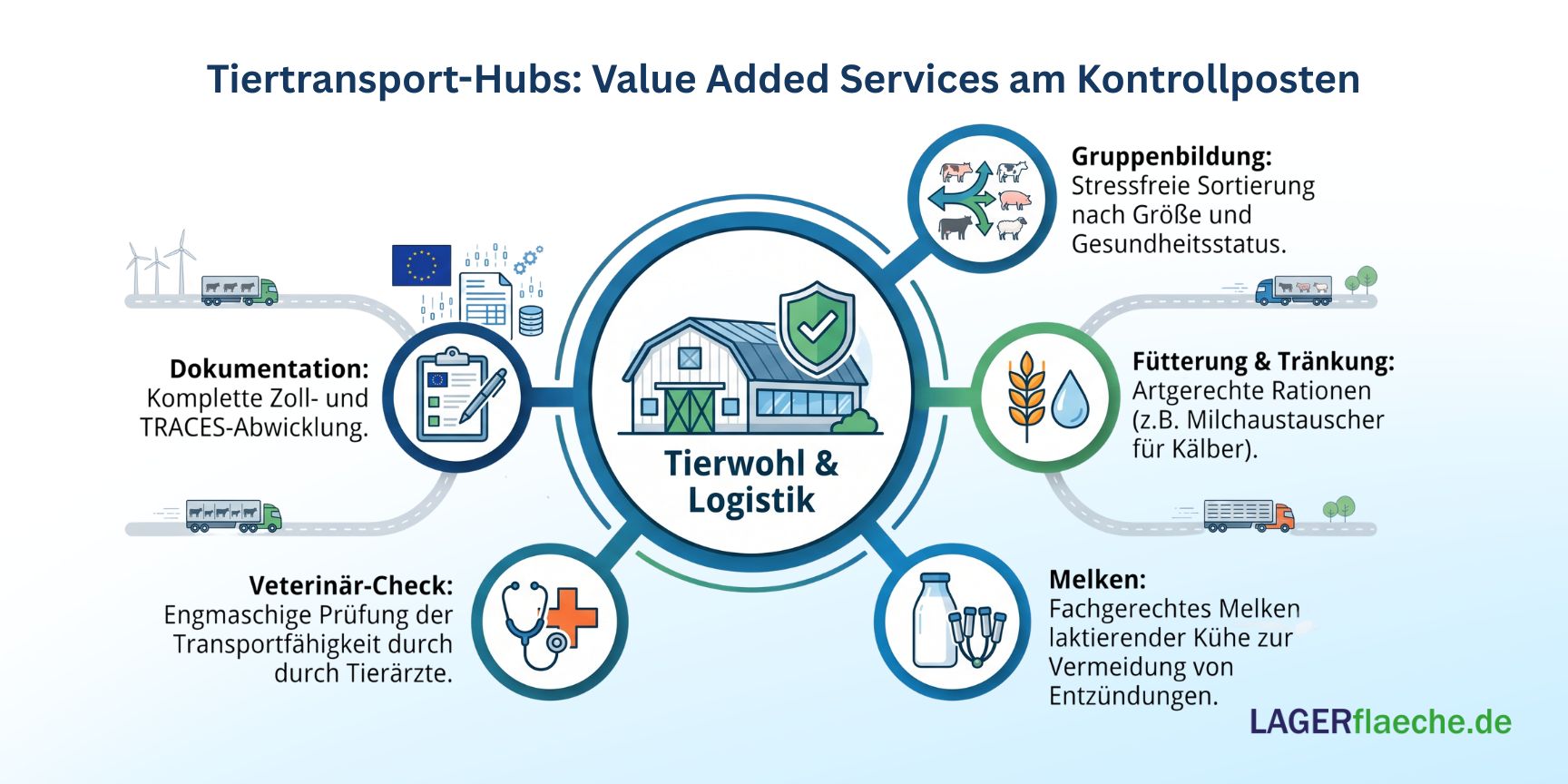 Die Infografik zeigt fünf Mehrwertdienste, die an Kontrollstellen in der Tierlogistik angeboten werden: stressfreies Zusammenführen und Sortieren, artgerechte Fütterung und Tränkung, professionelles Melken, tierärztliche Untersuchungen zur Transporttauglichkeit sowie vollständige Zoll- und TRACES-Unterlagen.