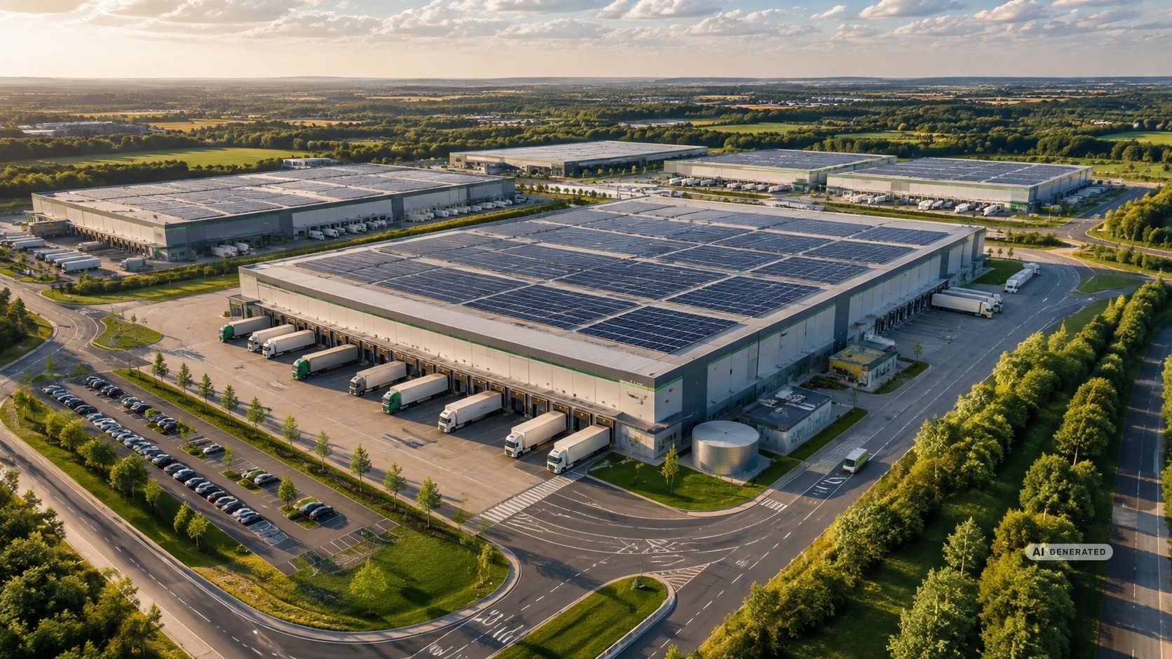 Aerial view of a modern logistics site with large warehouses, solar roofs, loading gates, trucks and landscaped outdoor areas. Aerial view of a modern logistics site with large warehouses, solar roofs, loading gates, trucks and landscaped outdoor areas.