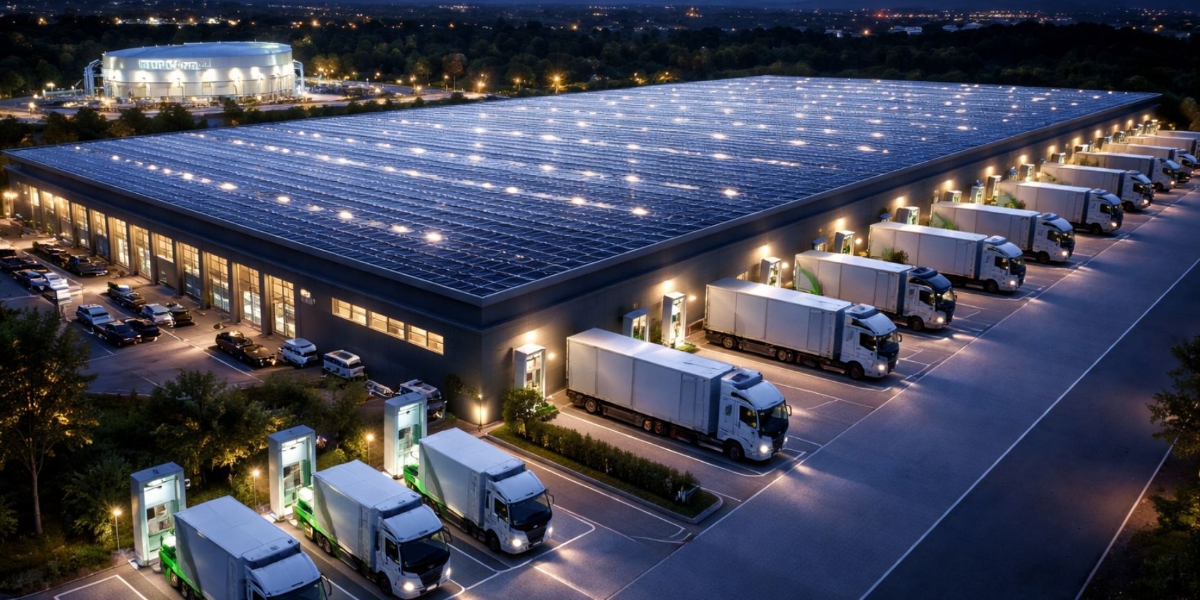 Luftaufnahme eines modernen Logistikzentrums bei Dämmerung mit vollflächiger Photovoltaik-Anlage, E-LKW-Ladestationen und einer Wasserstoff-Tankstelle. Luftaufnahme eines modernen Logistikzentrums bei Dämmerung mit vollflächiger Photovoltaik-Anlage, E-LKW-Ladestationen und einer Wasserstoff-Tankstelle.