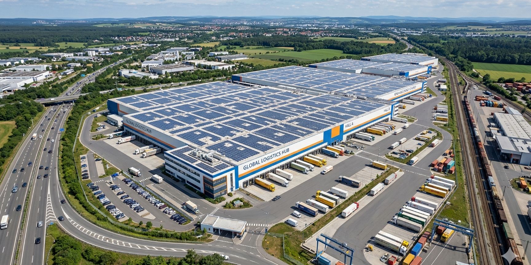 Luftaufnahme eines modernen Großlogistikzentrums mit weitläufiger Photovoltaik-Dachanlage, zahlreichen Laderampen für LKWs und strategischer Anbindung an Autobahn- und Schienenverkehrswege in einer weitläufigen Landschaft. Luftaufnahme eines modernen Großlogistikzentrums mit weitläufiger Photovoltaik-Dachanlage, zahlreichen Laderampen für LKWs und strategischer Anbindung an Autobahn- und Schienenverkehrswege in einer weitläufigen Landschaft.