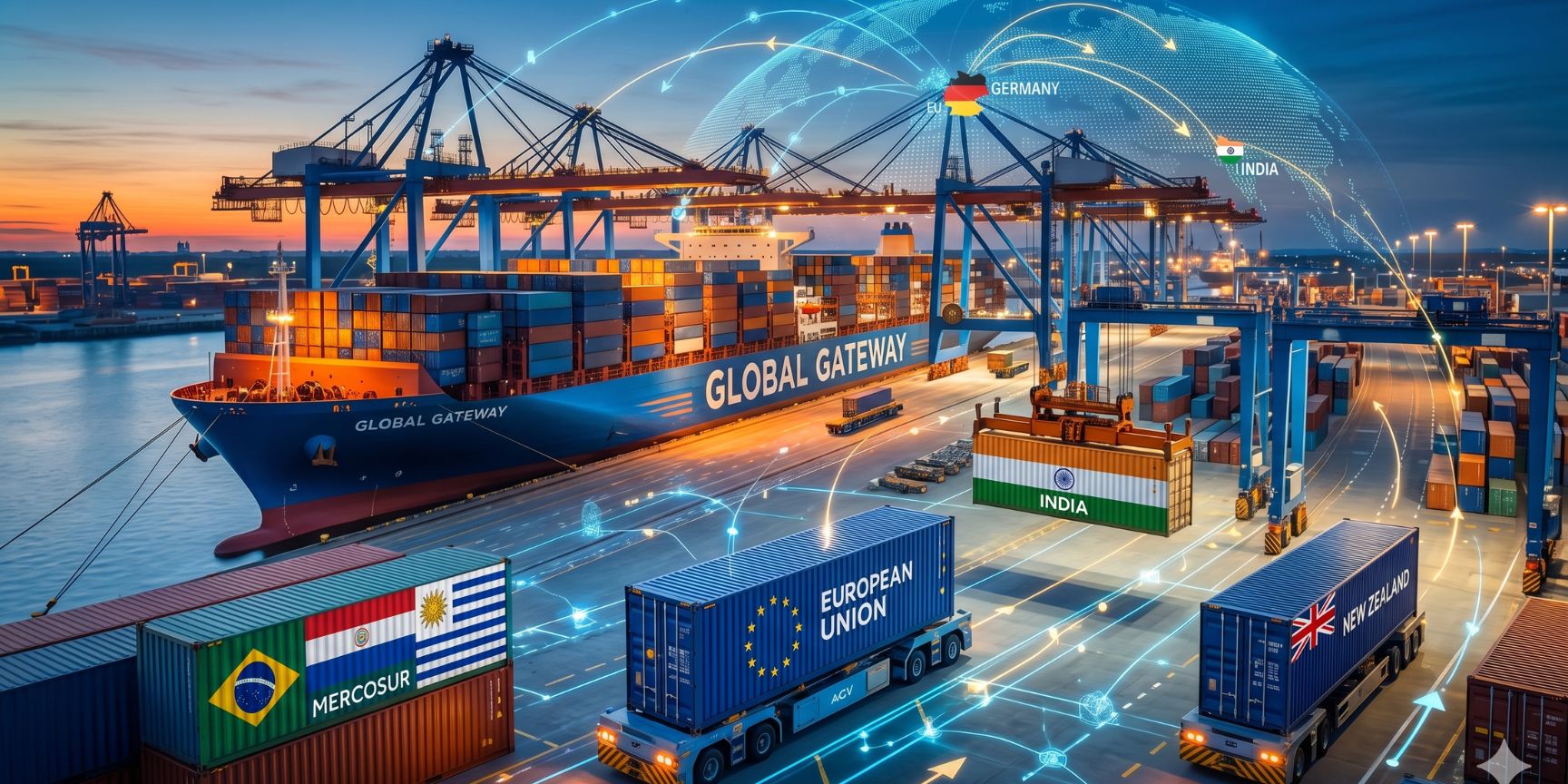 Modern container terminal illustrating new EU free trade routes to India, Mercosur, and New Zealand, highlighting automated logistics and warehouse management.