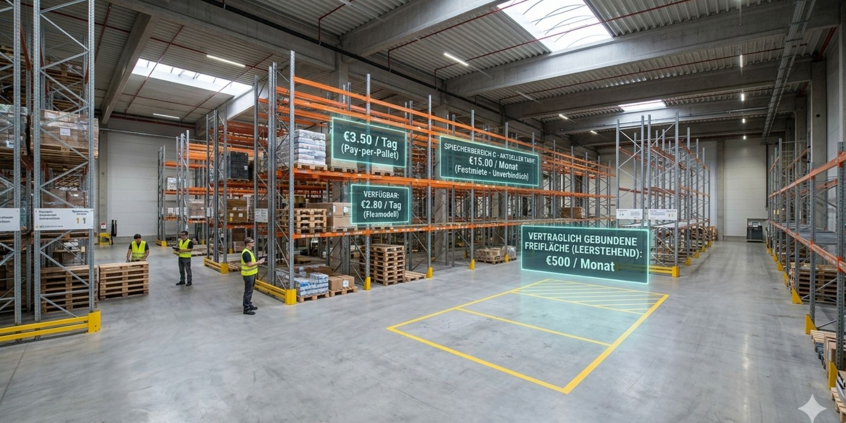 A modern, semi-empty logistics warehouse with augmented reality (AR) digital dashboards floating over pallet spaces displaying dynamic pricing tags like Pay-per-Pallet and Fixed Rent.